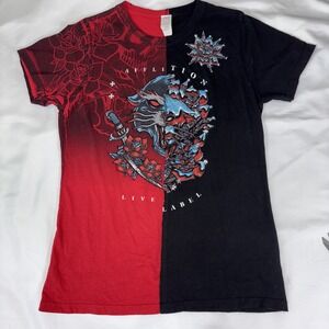 Affliction Womens T-shirt L Split 2 Tone Biker Red Black Rose Skull Goth